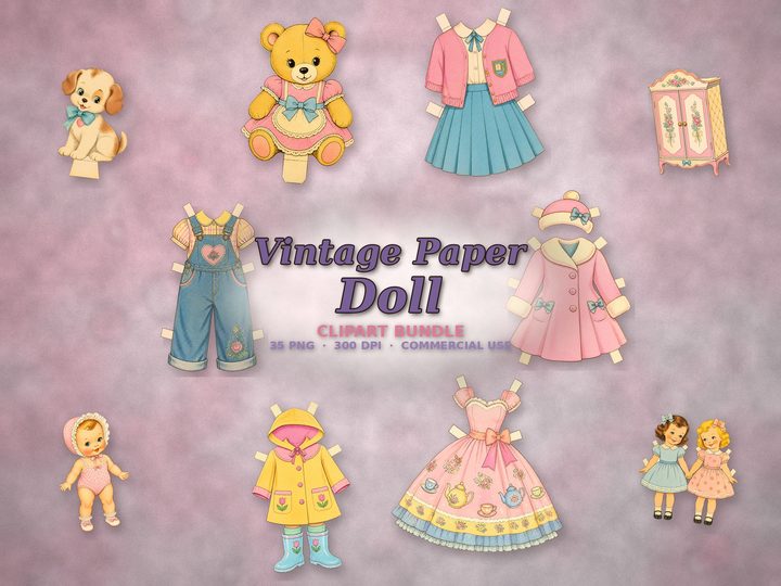 Vintage Paper Doll clipart bundle
